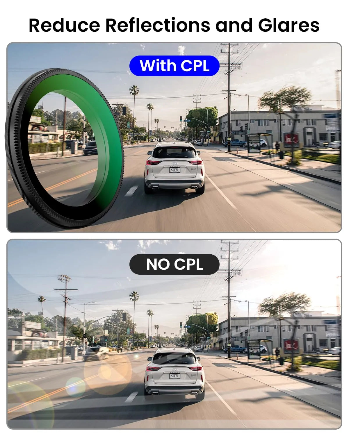 CPL Filter--Reduces glare & enhances video clarity, Cuts windshield glare for clearer footage